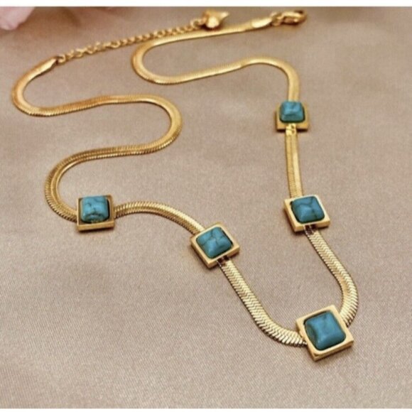 18K Gold Plated turquoise Herringbone necklace Snake Womens Jewelry - Picture 4 of 10